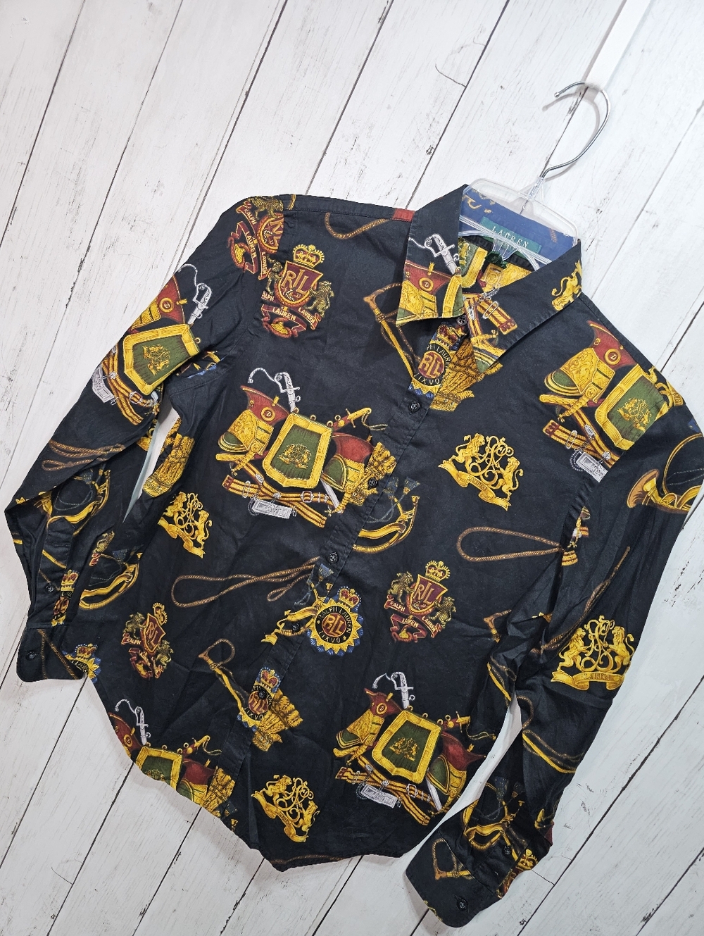 Vintage Ralph Lauren LRL Black Equestrian Crest Iconic Shirt Size Medium Petite. - Picture 2 of 10